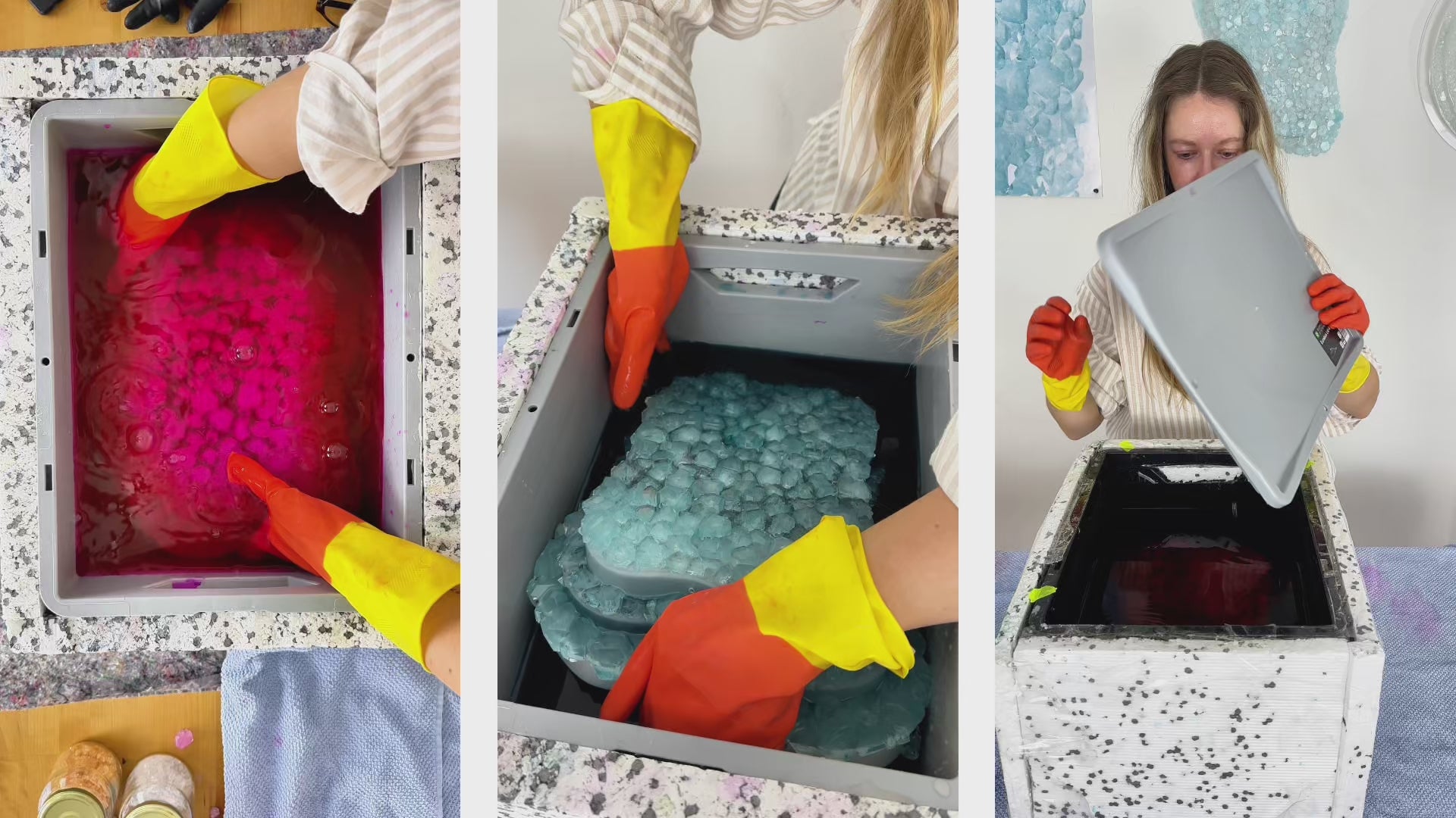 Video laden: Video zeigt das Ernten der Salzkristall-Leuchten. Die fertigen Objekte werden aus der Lösung geholt.